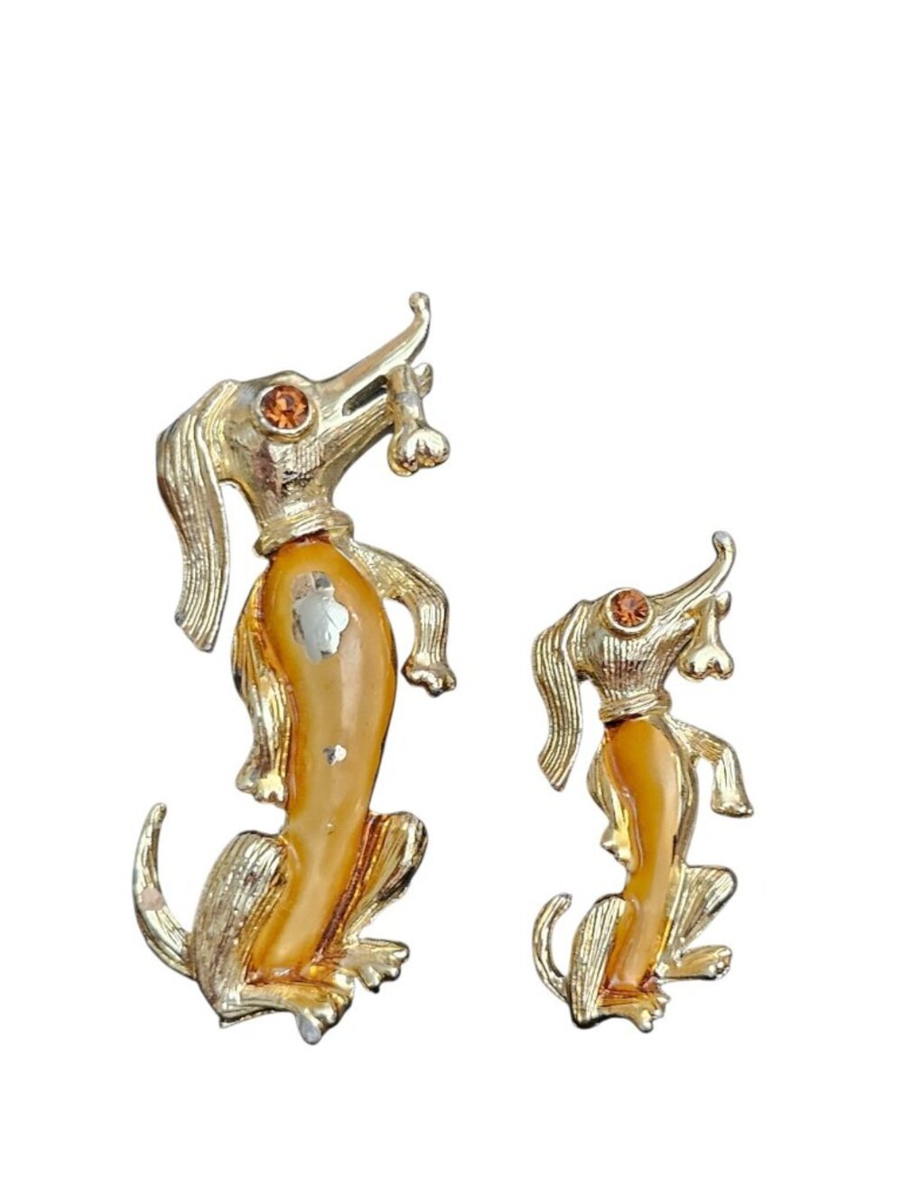 Vintage Gold Tone Dog Brooch Pair Amber Lucite Eye Rhinestone Mid Century - Picture 1 of 4